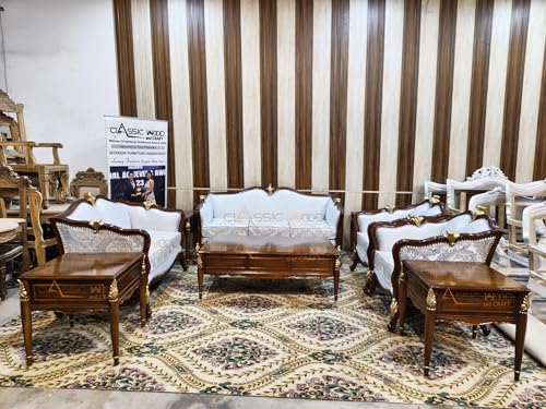Image of Classic Wood & Craft Italian 7-seater Sofa Set | Teak Wood (3+2+1+1) Sofa Center Table | Victorian Style Hand-carved Wooden Sofa Set | Walnut Finish | Elegant Living Room Sofa Set I Furniture For Home