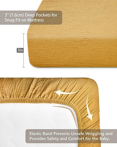 Image of Pack and Play Sheets for Baby Boy and Girl 2 Pack, Neutral Muslin Cotton Pack N Play Mattresses Sheet 27 inchx39 inch, Muslin Nursery Bedding Soft and Breathable Comfort (Beige & Mustard Yellow)
