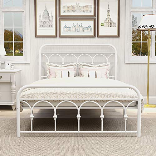Beautiplove Sturdy Metal Bed Frame Full Size with Vintage Headboard and Footboard,Platform Mattress Base No Box Spring Needed,White