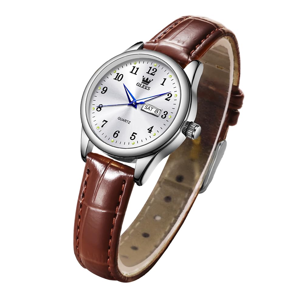 OLEVS Watches for Women Leather Simple Style Arabic Numerals Easy Read Watch Womens Watches Small Wrist Dress Ladies Watches with Calendar(White/Black/Blue Dial)
