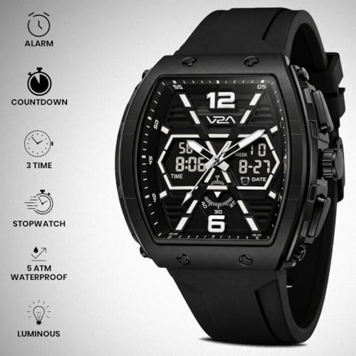 Image of V2A Impact 50mm Analog Digital Watch for Men | X-Frame Hybrid Dial Design | Alarm Stopwatch Day Date 12 /24 Hr | TPU Sport Strap | 50M Water Resistant | Gift for Mens