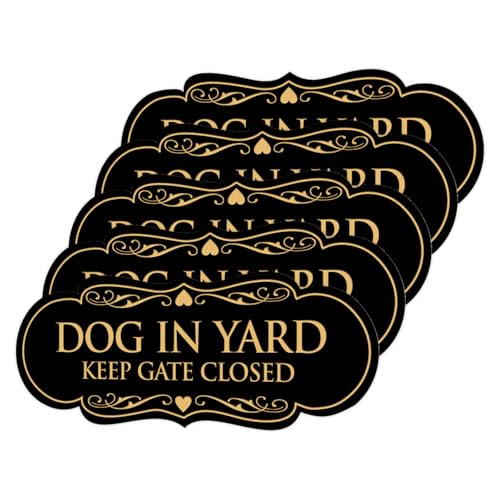 Signs ByLITA Designer Dog in Yard Keep Gate Closed Wall or Door Sign - Easy to Install | Durable Dog Safety Signs (Black/Gold) - X-Large 5 Pack