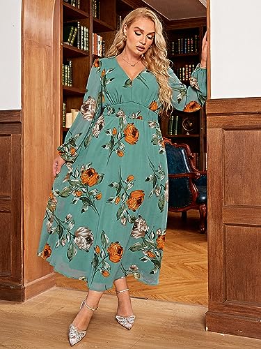 Image of Simplee Women's Plus Size Easter Dress Spring Long Sleeve Floral Maxi Dress V Neck Empire Waist Boho Maternity Dress for Photoshoot (3XL Lake Green)
