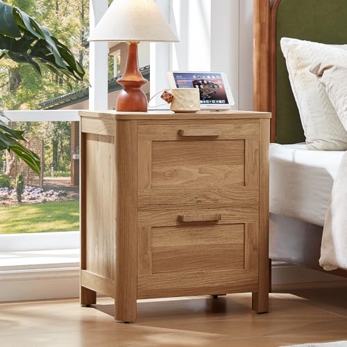 Image of Joaxswe Farmhouse Nightstand with Charging Station, End Tables Bedroom with 2 Large Drawers & 4 Thickened Table Legs, Brown