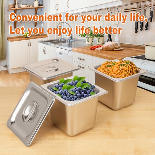 Image of 5 Pack, 1 /6 Size Stainless Steel Steam Table Pan with Lid, 6 Inch Depth Hotel Pans for Weddings, Parties, Restaurants, Cafeterias and Hotels