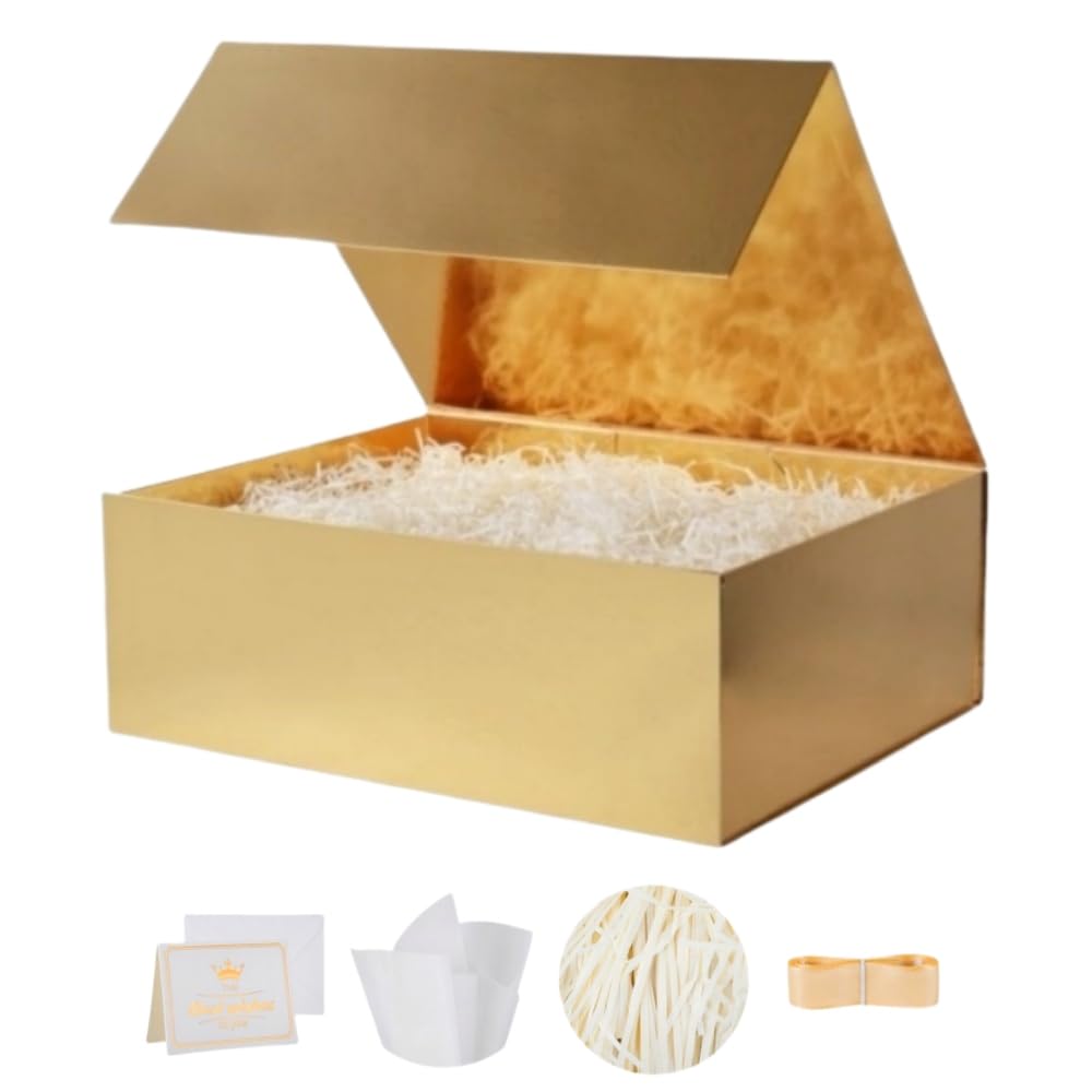 UoeRing 1 Pcs Gold Gift Box 11.5x8x4 inch Luxury Gift Box for Presents with Magnetic Lid Collapsible,Birthday,Christmas,Contains Card, Ribbon, Tissue