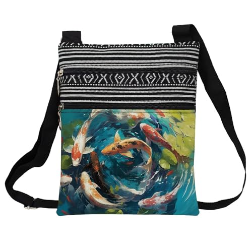 Koi Fish Messenger Bag Small Ethnic Pattern Printed Adjustable Strap Crossbody Zipper Bag Koi Fish Phone Bag Wallet Cute Shoulder Handbag for Women Friends -2