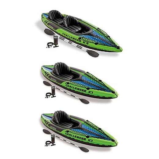 Intex Challenger K2 2 Person Inflatable Kayak and Challenger K1 1 Person Inflatable Kayaks with Aluminum Oars and Hand Pump, (2 Pack)
