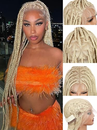 WIGNEE Perruques tressées HD Full Lace 36 pouces pour femmes, perruque tressée sans nœuds avec dentelle frontale et cheveux fins, perruque tressée...