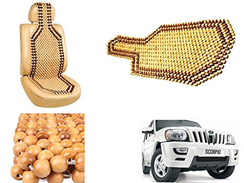Image of Car Bead Seat Wooden Beads Cushion Cover Pad for Mahindra Scorpio, Acupressure Sitting Seat Cover | Cream Color - Pack of 1