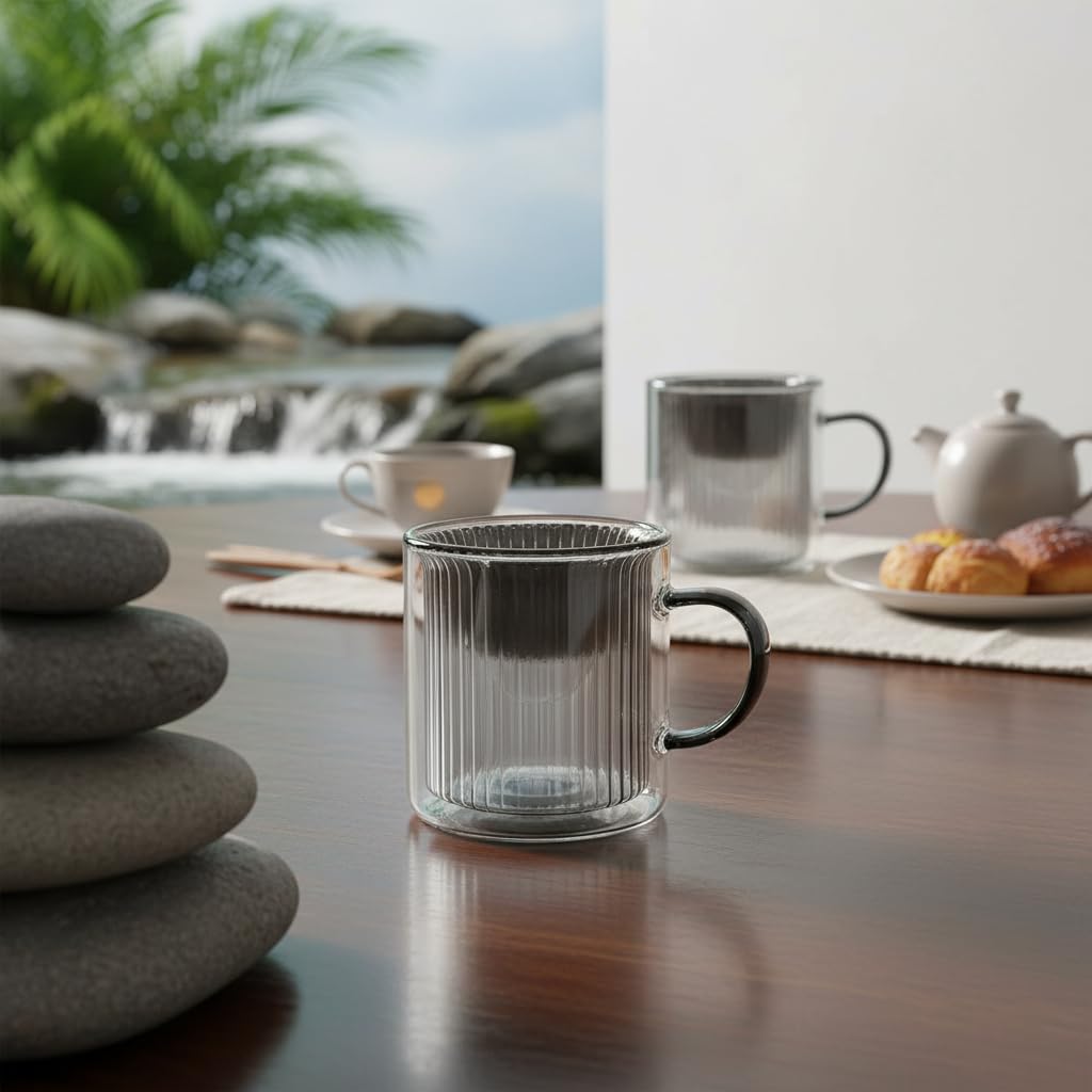 Deconox 250 ml Çift Cidarlı Borosilikat Cam Kupa - Antrasit Detaylı, Dikey Çizgili Isıya Dayanıklı Kahve ve Çay Bardağı