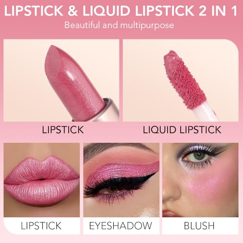 Image of evpct 2 in 1 Rose Pink Glitter Metallic Shimmer Diamond Lipstick and Lip Gloss Set for Women Long Lasting Waterproof, Baby Nude Pink Sparkle Glitter Shiny Lipstick and Lip Liner Makeup Set, 06#