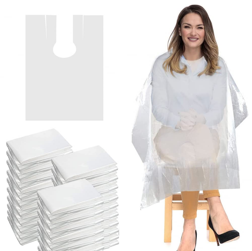 Goodern 100Pcs Disposable Transparent Hair Salon Capes for Adults and Kids - Waterproof Shampoo Cape for Barbershop, Stylist, Home Hairdressing, Coloring and Perming