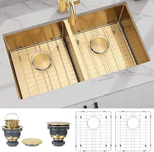 LQS Kitchen Sink, Undermount Kitchen Sink, 32” x 18” Kitchen Sinks, Stainless Steel Sink, 50/50 Double Bowl Kitchen Sinks with Sink Drain Cover and Sink Grid, Gold Kitchen Sink
