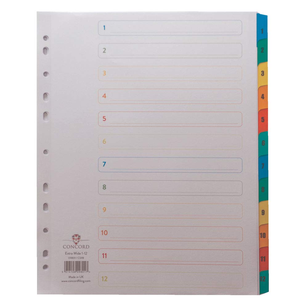 Concorde Concord Punched Pocket Index Multicolour-Tabbed Europunched 1-12 Extra Wide A4 White Ref Cs98 from B&Q