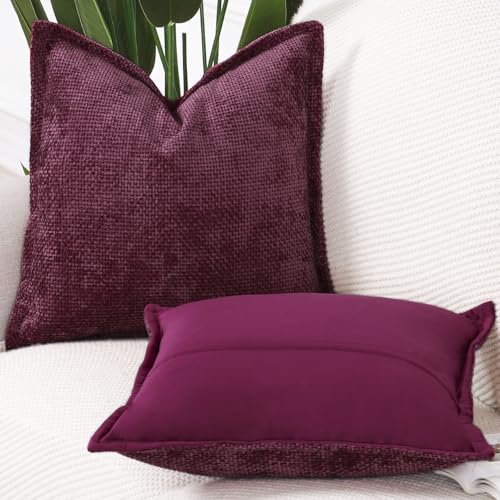 Image of MADIZZ Decorative Chenille Velvet Throw Pillow Covers Set of 2 Soft Boho Textured Neutral Couch Throw Pillow for Bed Modern Farmhouse Home Decor for Sofa Livingroom Burgundy 24x24 Inch Euro Sham