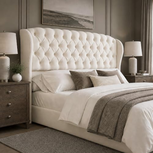 Image of AMERLIFE Full /Queen Headboard Only, Velvet Upholstered Wingback, Cream