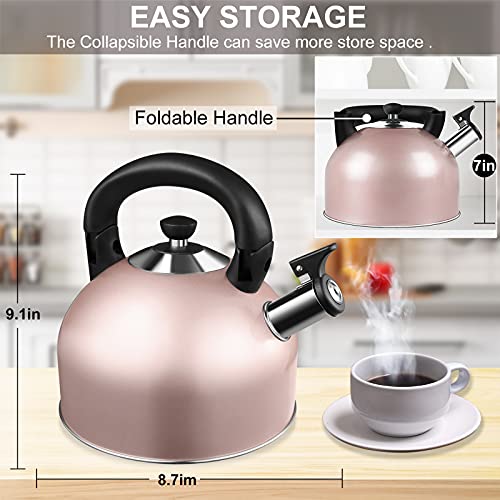 Whistling Tea Kettle Teapot - 3.4 Quart Stainless Steel Tea Kettle For Stove Tops With 5 Layers Bottom, Tea Kettle With Folding And Heat-Insulating Handle, Available To Multiple Stoves - Rose Gold #TOP2