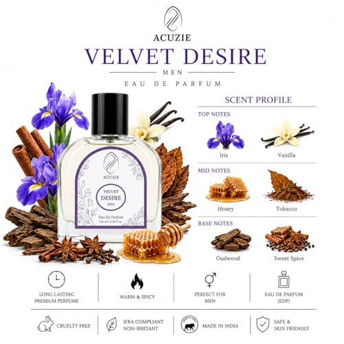 Image of Velvet Desire 100ml Perfume for Men | Long Lasting Luxury Warm Woody Eau de Parfum EDP | Premium Iris Vanilla Honey Tobacco & Sweet Spice Oud Wood Fragrance Daily Wear Scent
