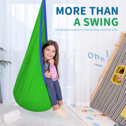 Image of OUTREE Kids Pod Swing Seat, Cotton Child Hammock Swing Chair, Sensory Swing for Indoor and Outdoor Use, Green and Blue