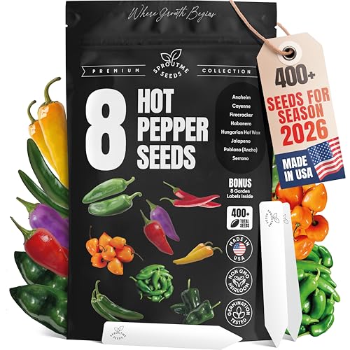 SproutMe Hot Pepper Seeds Variety Pack for Planting 8 Varieties Mixed Heat Jalapeno Habanero Cayenne Serrano Poblano (Ancho) Hungarian Hot Wax 400 Non-GMO Heirloom for Indoor & Outdoor Garden