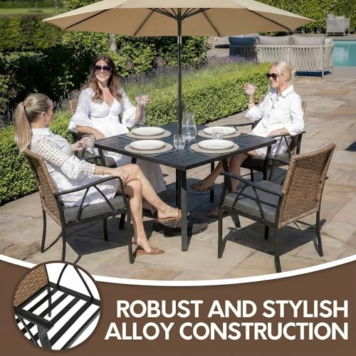 Image of 5-Piece Patio Dining Set for 4, Outdoor Dining Set with 4 Wicker Patio Dining Chairs with Cushions & 1 Black Square Woodgrain Dining Table with 1.75 inch Market Umbrella Hole, Black & Brown
