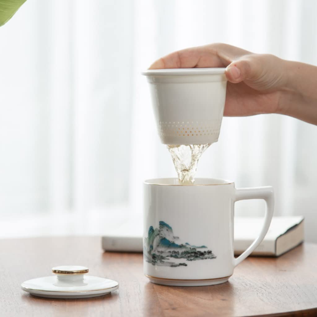 Kaffee-Becher Keramikbecher exquisit Überglasierte gebratene Blumenkapazität Becher mit Deckel Kaffeetasse Großkapazität Tragbare Teetasse 360ml (Color : White)