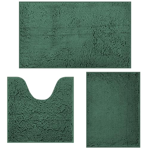Bathroom Rugs Set 3 Piece Ultra Soft Non-Slip Bath Rugs and Mats Set, Super Absorbent Chenille Soft Washable Bathroom Carpets, Perfect Plush Bathroom Mats, Toilet Rug, Dark Green Dark Green