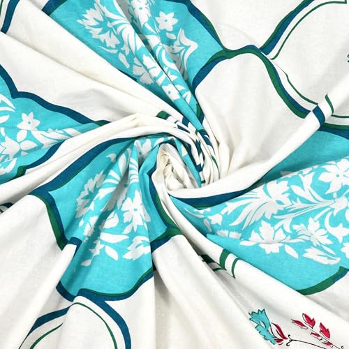 Image of BLOCKS OF INDIA Hand Block Printed 200 TC Cotton King Size Bedsheet | MUGHAL Turquoise
