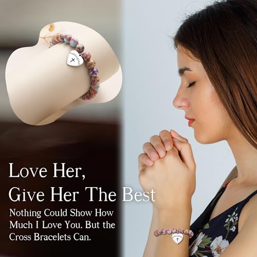 Image of Cross Bracelets for Women, Christian Gifts for Women Stocking Stuffers for Teens Cross Bracelet Imperial Nature Stone Bead Bracelet Confirmation Baptism Gift for Teen Girls Christmas Religious Gift Cathlic Faith Jewelry