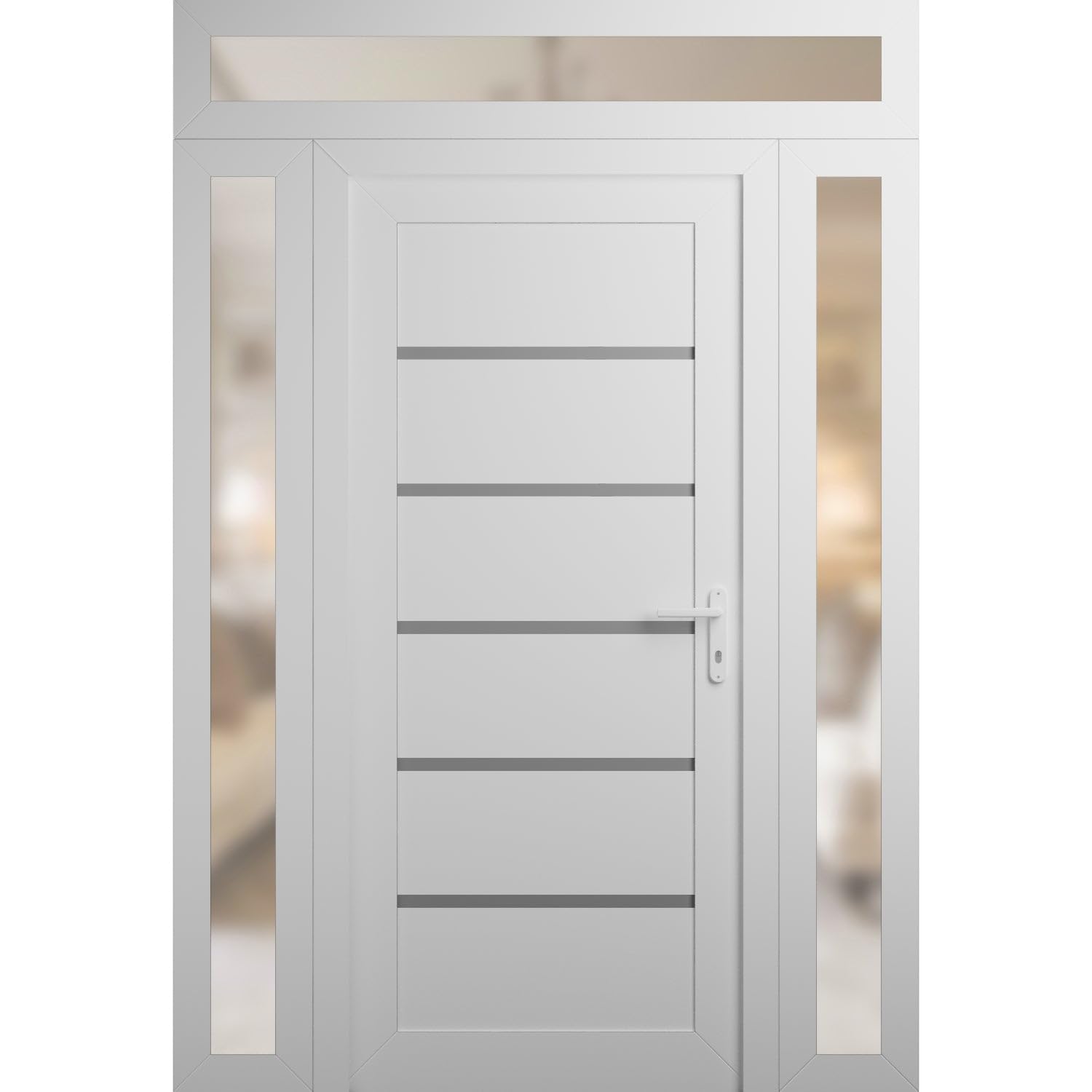 VDOMDOORS Front Exterior Door Prehung 36 x 80 inches | Manux 8415 White Silk | Entry Door with Frame | Metal Sidelite Transom | 2 Sidelites 12" Transom 14" | Right Hand | Front Entry