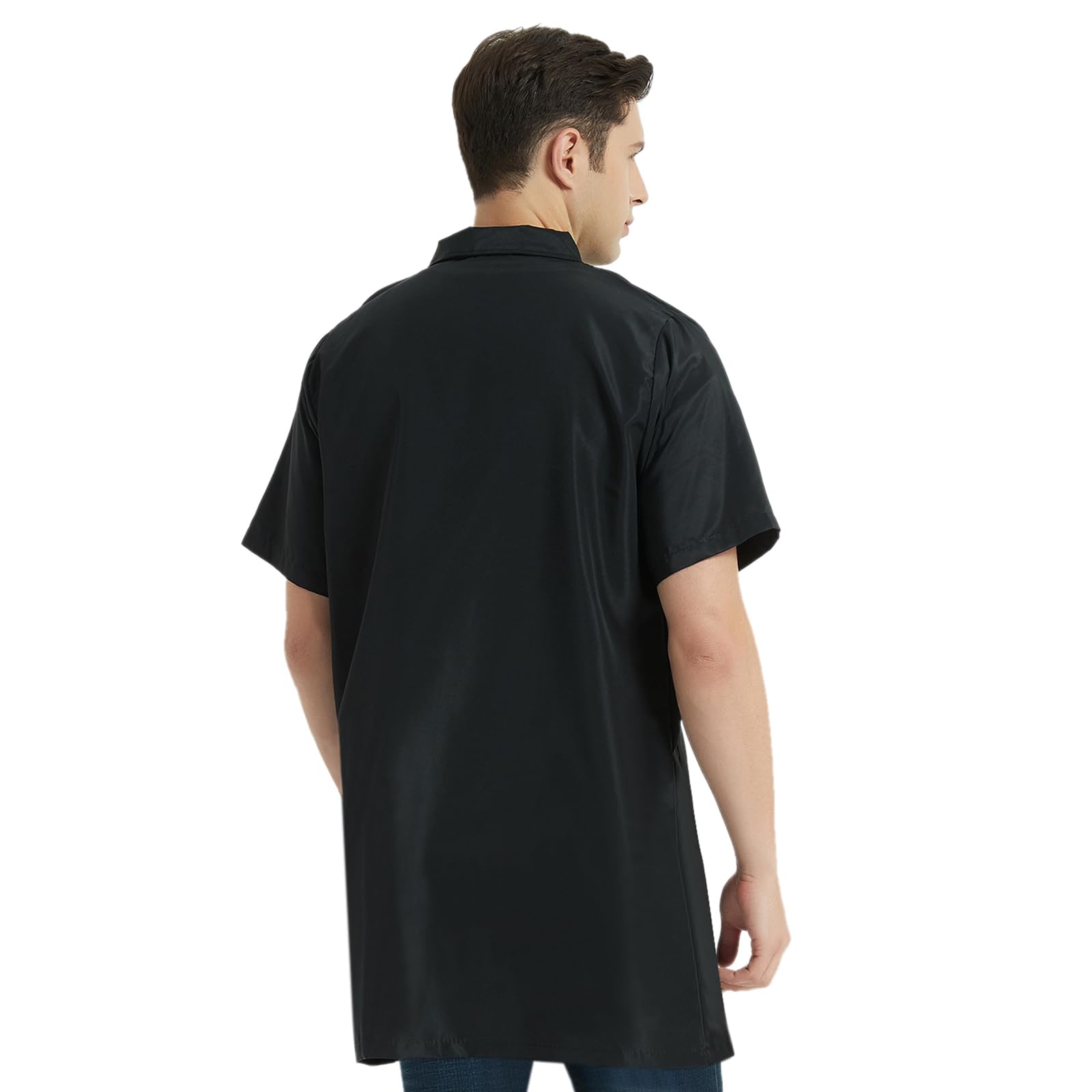 TOPTIE Chaqueta de Barbero Manga Corta para Hombre, Ropa de Trabajo y Uniformes de Peluquería, Camisa Negra con Cremallera y Bolsillos, Corte Holgado