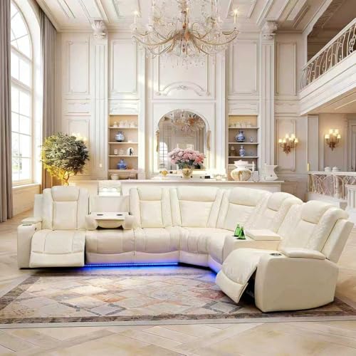 Image of Power Reclining Sectional Sofa Set with USB, LED & Storage - Cream White Leather Recliner Couch with Cup Holders & Pull-Down Table - Modern Living Room Furniture Set for Home Theater Comfort