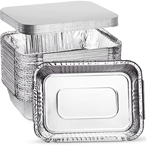 XIAFEI 5 LB Aluminum Takeout Foil Pans with Lids (50 Pack) , 9 x 7 Inches Bakeware Perfect for Baking Cooking Food and Storage Container Cover