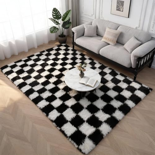DASIAUTOEM Tapis de salon, 140 x 200 cm, à poils longs, à carreaux, antidérapant, lavable, extra large, moelleux, pour chambre à coucher, chambre d'enfant,...