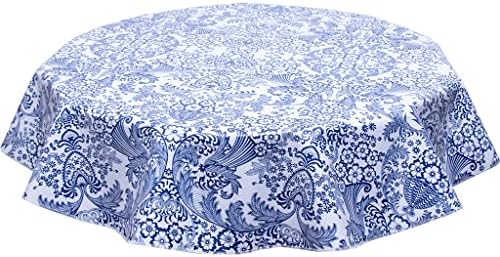 Round Freckled Sage Oilcloth Tablecloth in Toile Blue (120")