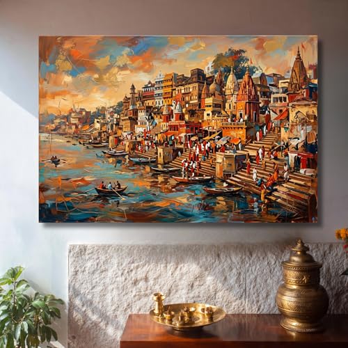 Image of Kunj Cart Premium Abstract Varanasi Ghat Painting Canvas Wall Art, Spritual Hindu God Banaras Ghat Painting Big Size Decor | Large Ganga Arti Kashi Vishwanath Artwork for Living Room, Office, Home Decoration and Wall decor (36 X 24 Inch, Unframed - LARGE)