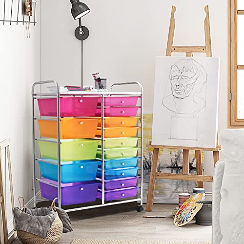 Image of LDAILY 15 Drawer Rolling Storage Cart, Rolling Cart with Drawers for Classroom, Art Supply Craft Organizer on Wheel with Metal Frame & Handles for Home Office School