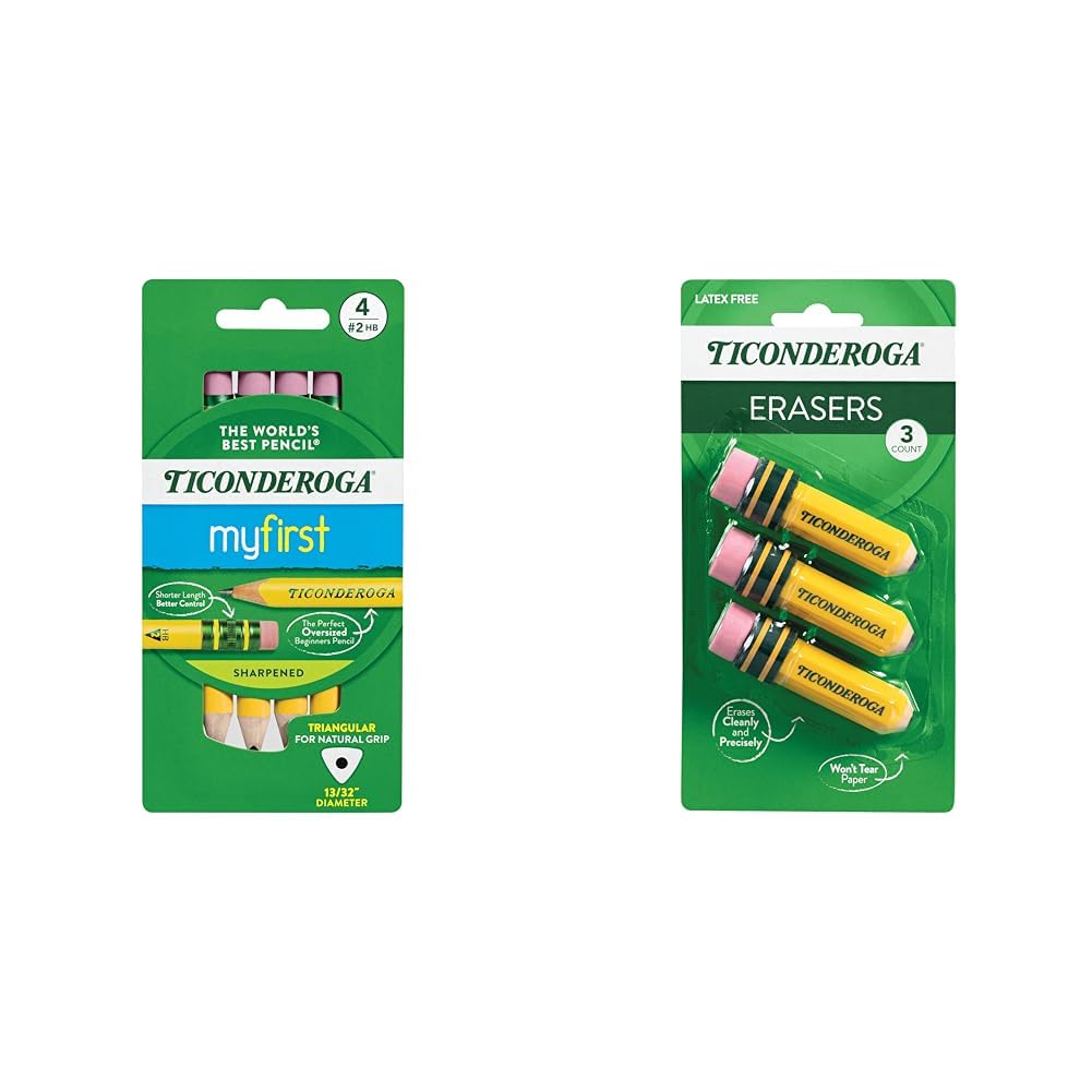 Ticonderoga My First Short Triangular Wood-Cased Pencils, 2 HB Soft, With Erasers, Yellow, 4 Count Pencil Bundle With Erasers, Pencil Shaped, Latex-Free, Yellow, 3-Pack