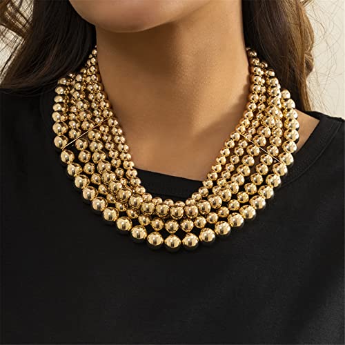 Punk Layered Chunky Bead Ball Chain Collar Choker Necklace Hip Hop Bib Statement Necklace For Women Girl Teen Friend Stacking Wedding Jewelry Christmas Gift-E Gold-3 #TOP1