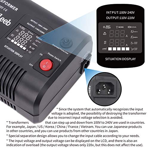 Beleeb 1500W Smart Auto Step Up & Step Down Voltage Converter Transformer 110 120 Volt to 220/240 Volt AC Automatic LED Display Asia Euro US (220V to 110V, 110V to 220V) PPT-1600