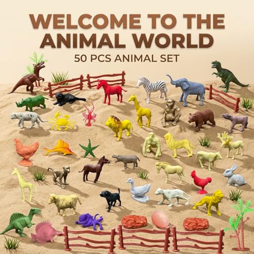 Image of ZESTHOME Kids Animal Toy Set with Farm, Wild, Sea, Bird & Dinosaur Figures | Mini Animal World Playset with Fences, Tree & Egg | Educational Pretend Play Toys for Boys & Girls 3+ | 50 Pieces