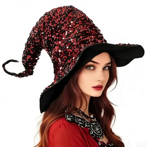 APRMAYST Red Sequin Women Wizard Hat, Halloween Party Costume Accessories