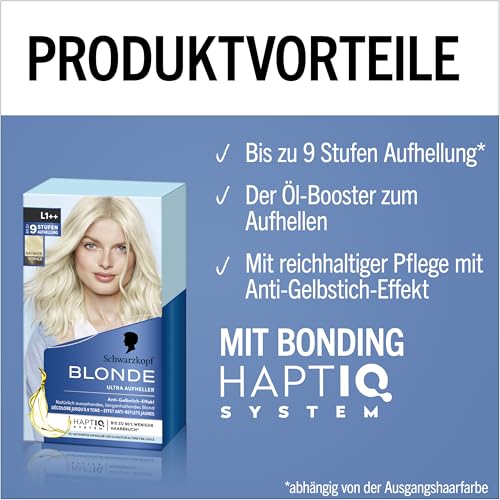 Foto von Schwarzkopf Blonde Aufheller L1++ (143 ml), Haarfärbemittel für Öl-aktiviertes Haare Aufhellen mit HaptIQ System, für bis zu 9 Stufen ohne Gelbstich