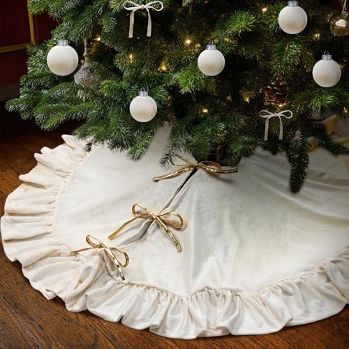 Vertintong 48 Inches Velvet Christmas Tree Skirt Ivory White with Gold Bow Fur Plush Tree Skirt Luxury Xmas Skirts for Merry Christmas Party Vintage Holiday Decorations