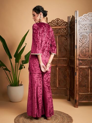 Image of Women Velvet Embroidered Short Kurta With Palazzos