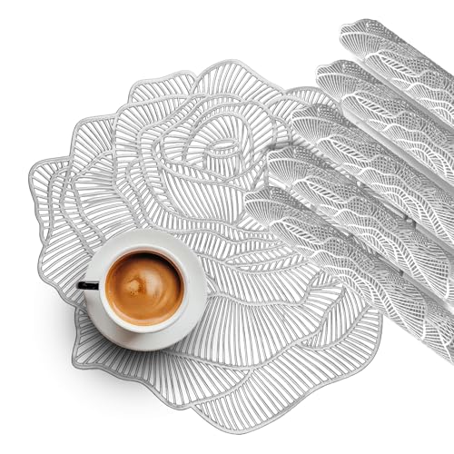 Image of Kuber Industries Leather Table Mats Set of 6 | Washable Placemat /Dining Table Mat for Wedding and Family Functions | Gulab Design - Silver