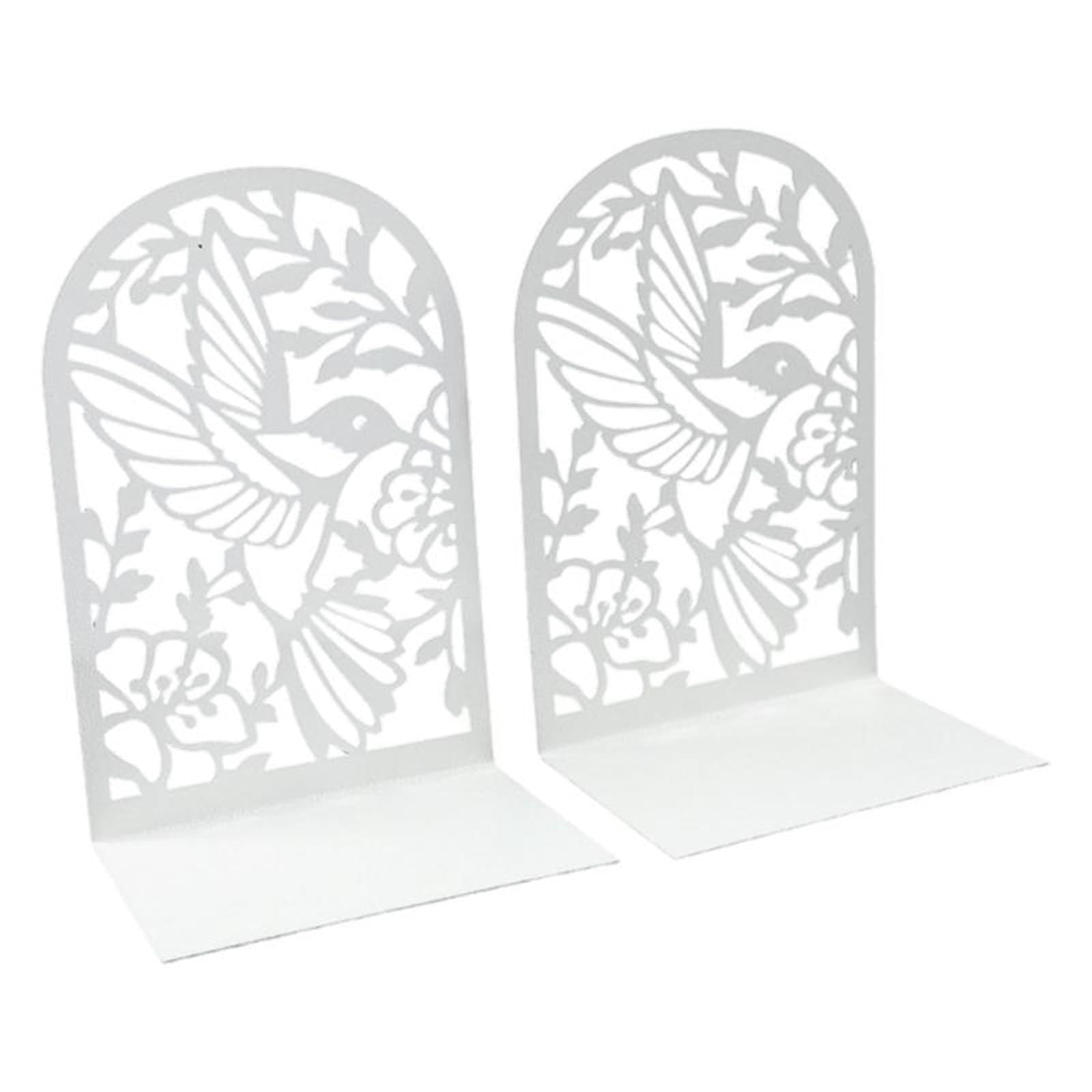Bookends 1Pair Metal Book End For Shelves Hollowed Bird Flower Bookend Slip Resistant Stopper Office Library(White)