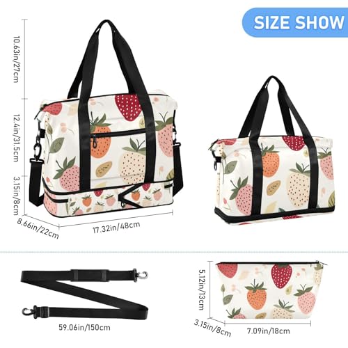 Red and White Strawberry Leaves Oversized Travel Duffel Bag Sports Duffel Bags with Adjustable Strap for Sports Waterproof3