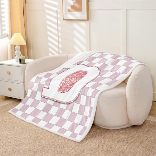 Image of Erosebridal Pink Initial D Sherpa Blanket Kawaii Plaid Checkered Fuzzy Plush Throw Cute Personalized Monogram Fleece Blanket for Kids Girls,Fashion Grids Gingham Decor for Bed Couch Throw 50 inchx60 inch